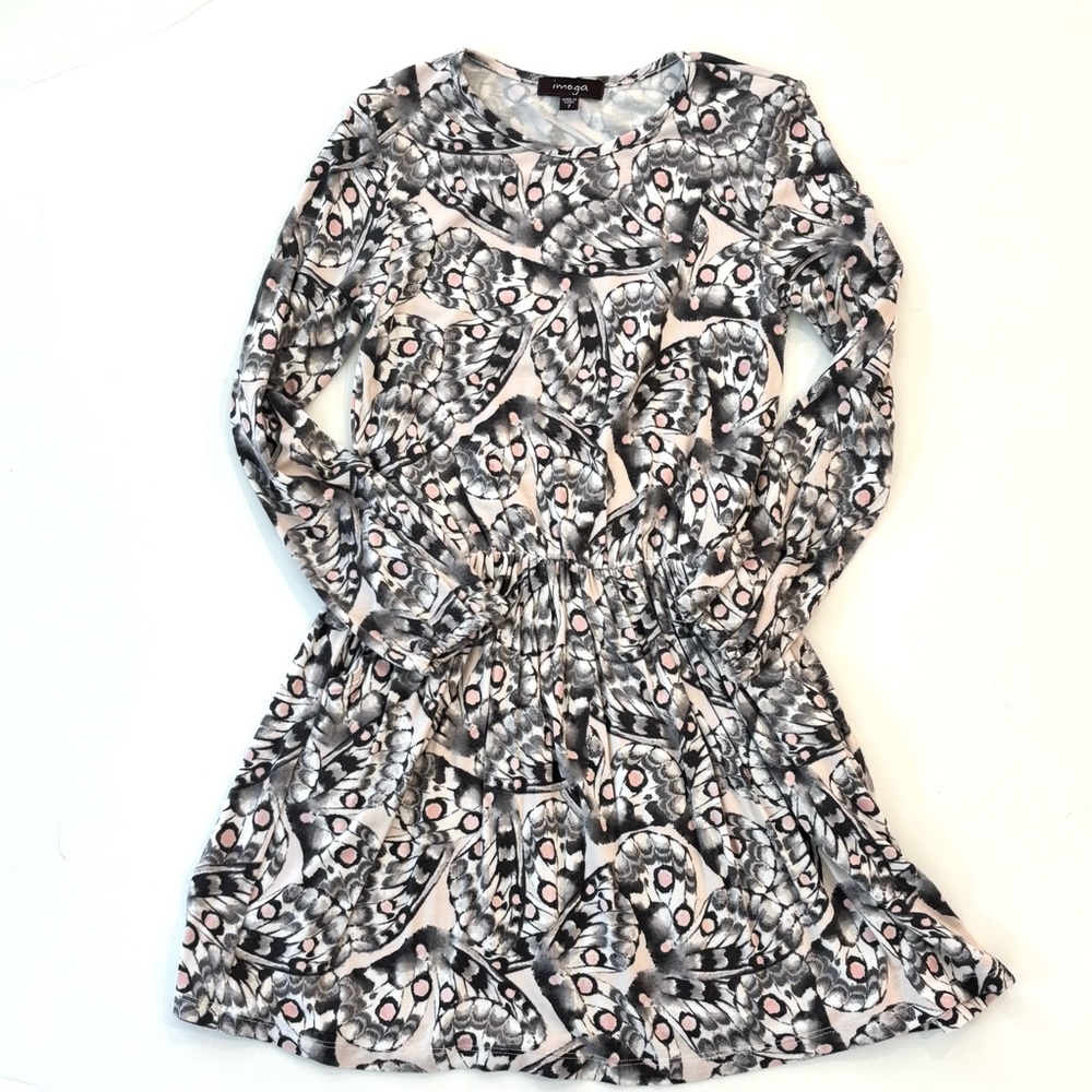 Imoga Black, White & Pink Butterfly-Print Long Sleeve Girls Dress